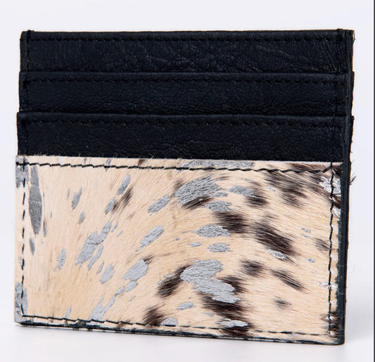 Genuine Silver Foil Print on Black and White Cowhide Leather Card Wallet ADBG817D
