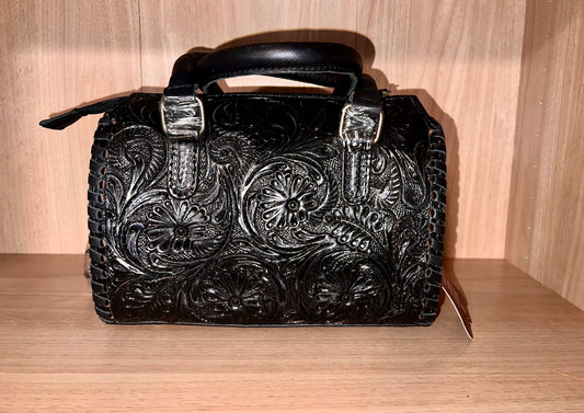 BLACK FLORAL TOOLED LEATHER SPEEDY DUFFLE BAG SMALL
