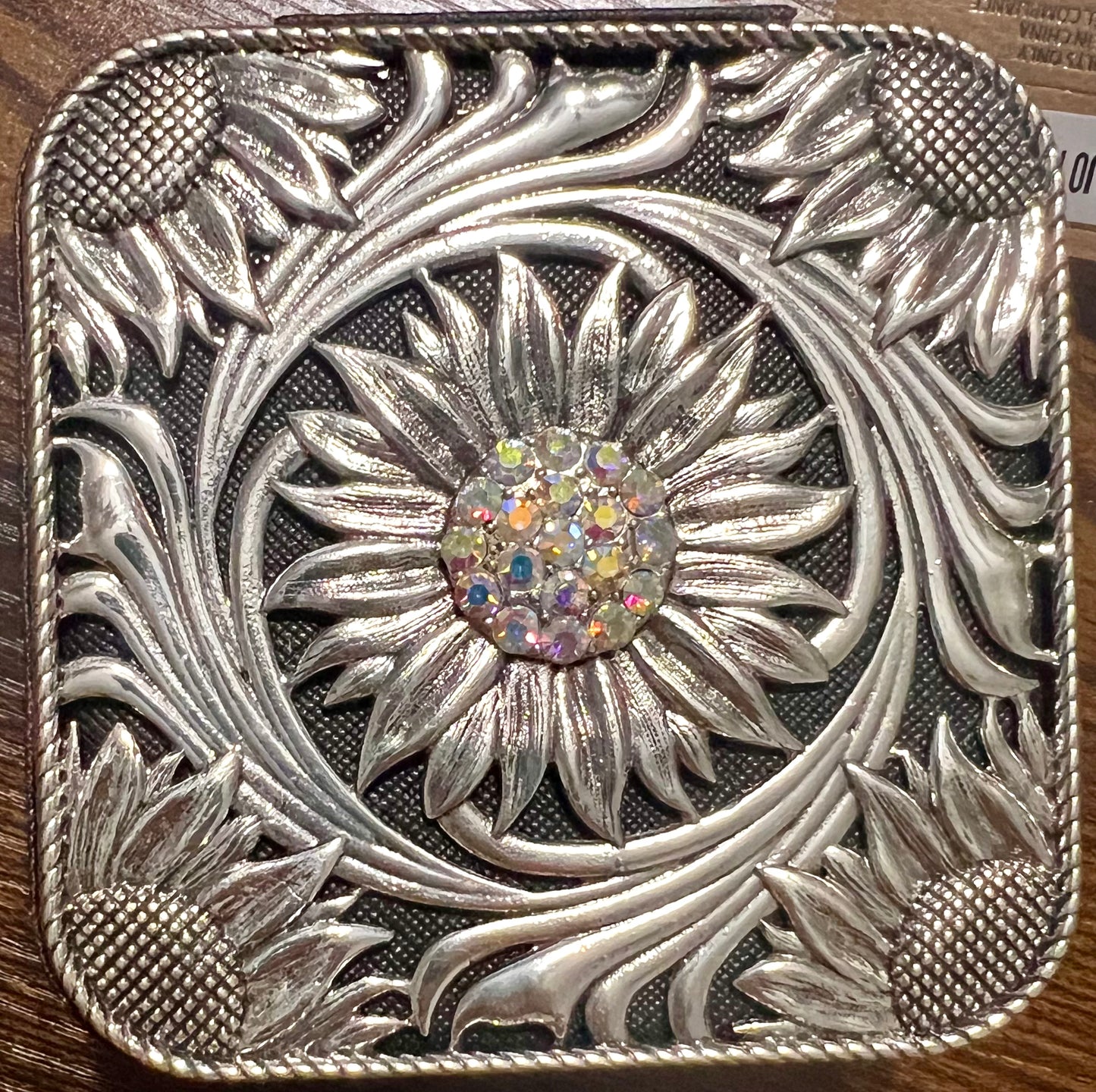 Travel Jewelry Box - Silver Metal Sunflower - Black