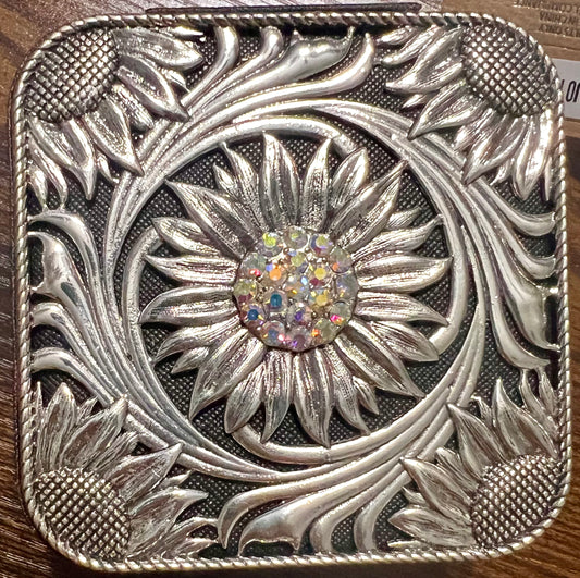 Travel Jewelry Box - Silver Metal Sunflower - Black