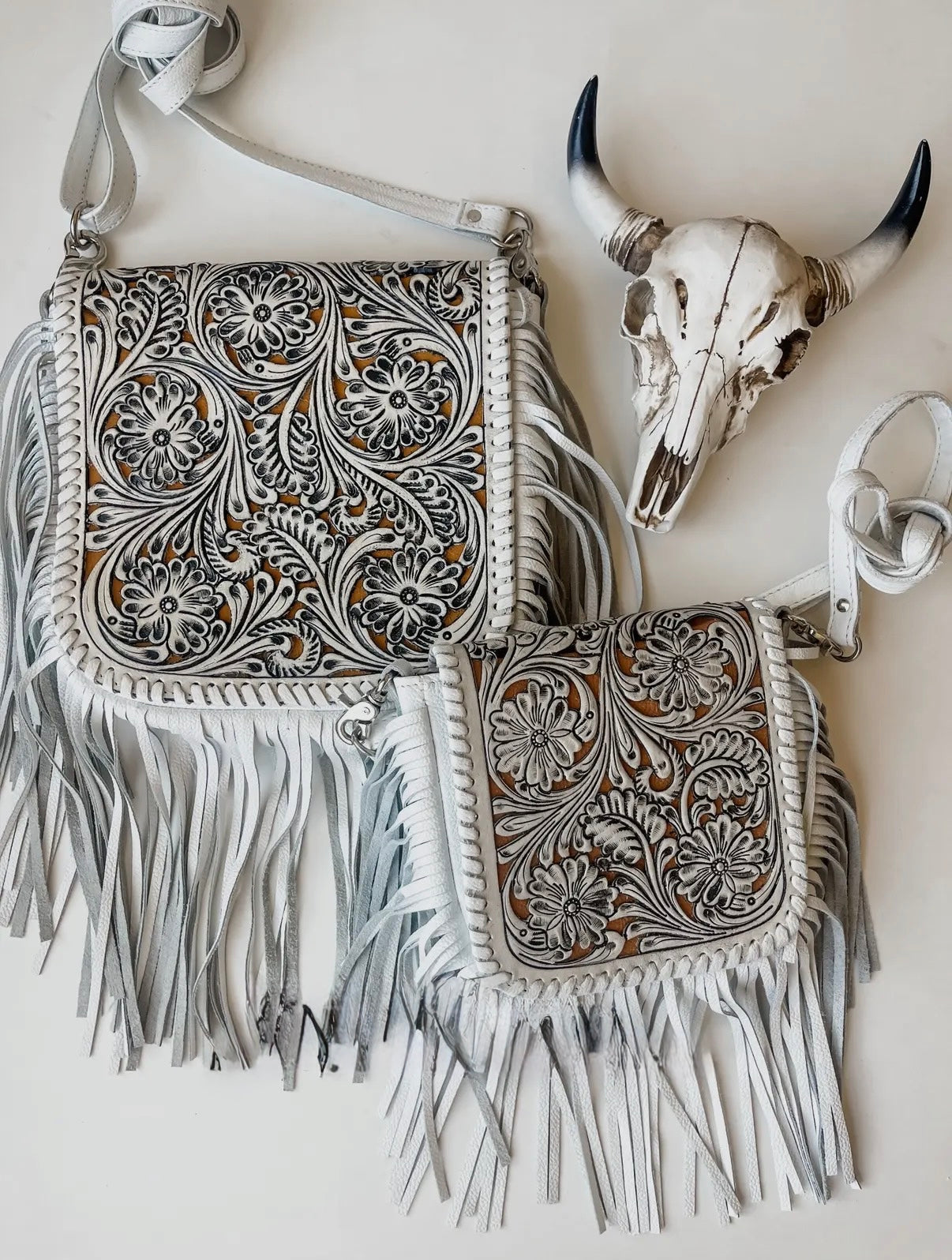 Large Lexie Crossbody- White-Lasercut Fringe Crossbody Purse - Tan or Turquoise Inlay