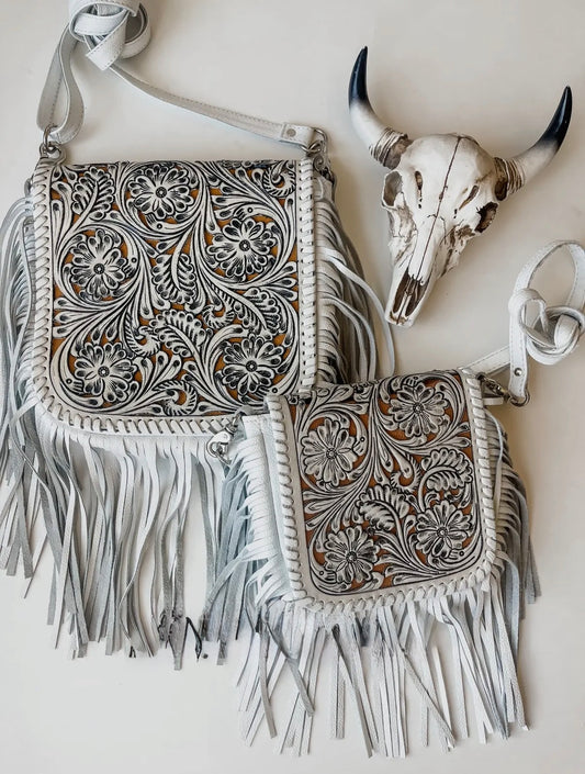 Large Lexie Crossbody- White-Lasercut Fringe Crossbody Purse - Tan or Turquoise Inlay