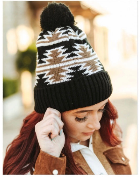 Black with White and Light Brown Aztec Fleece Lined Knit Pom Beanie