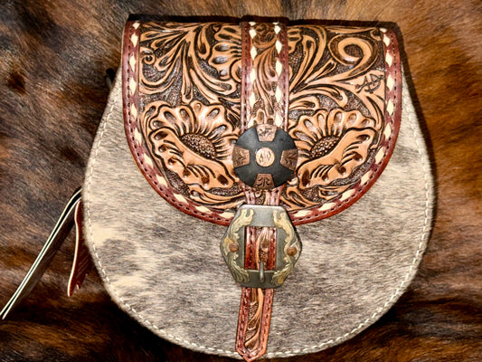 American Darling Canteen Western Hair-On Hide Crossbody with Tooled Accents and Adjustable Strap: ADBG1222B