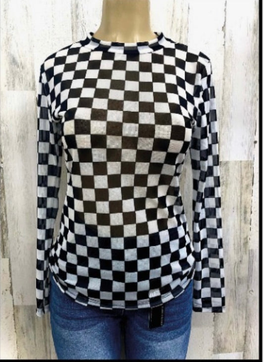 BLACK CHECKERED PRINTED LONG SLEEVE MESH TOP