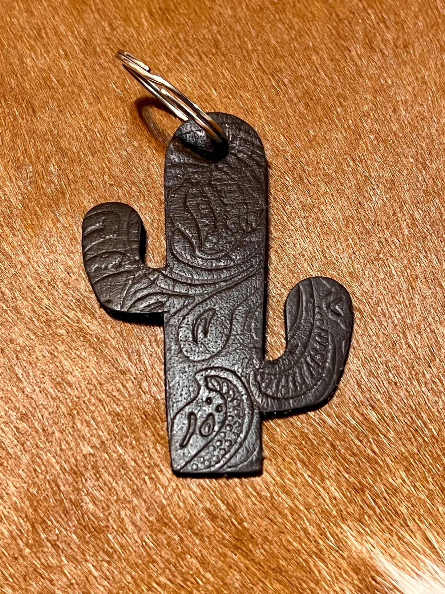 Tooled Leather Cactus Keychain - Chocolate