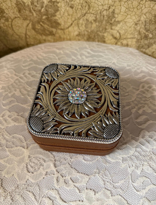 Travel Jewelry Box - Silver Metal Sunflower - Brown