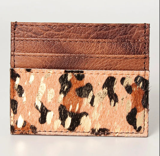Genuine Leather Leopard with Gold Foil Print Card Wallet
