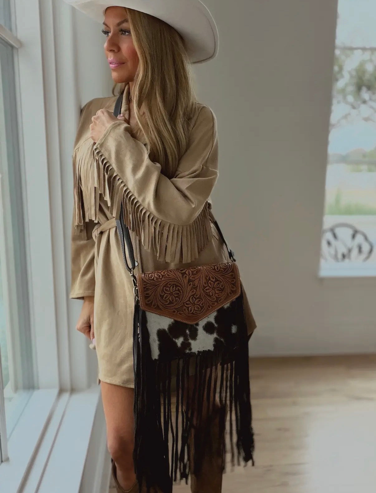 Western Leather Cowhide Fringe Tassel Clutch Crossbody