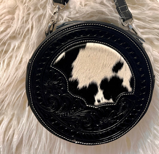 Black Leather Canteen Crossbody Handbag Tooled with Cowhide-2
