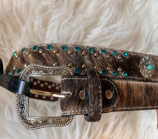 Cowhide With Turquoise Rhinestones Belt