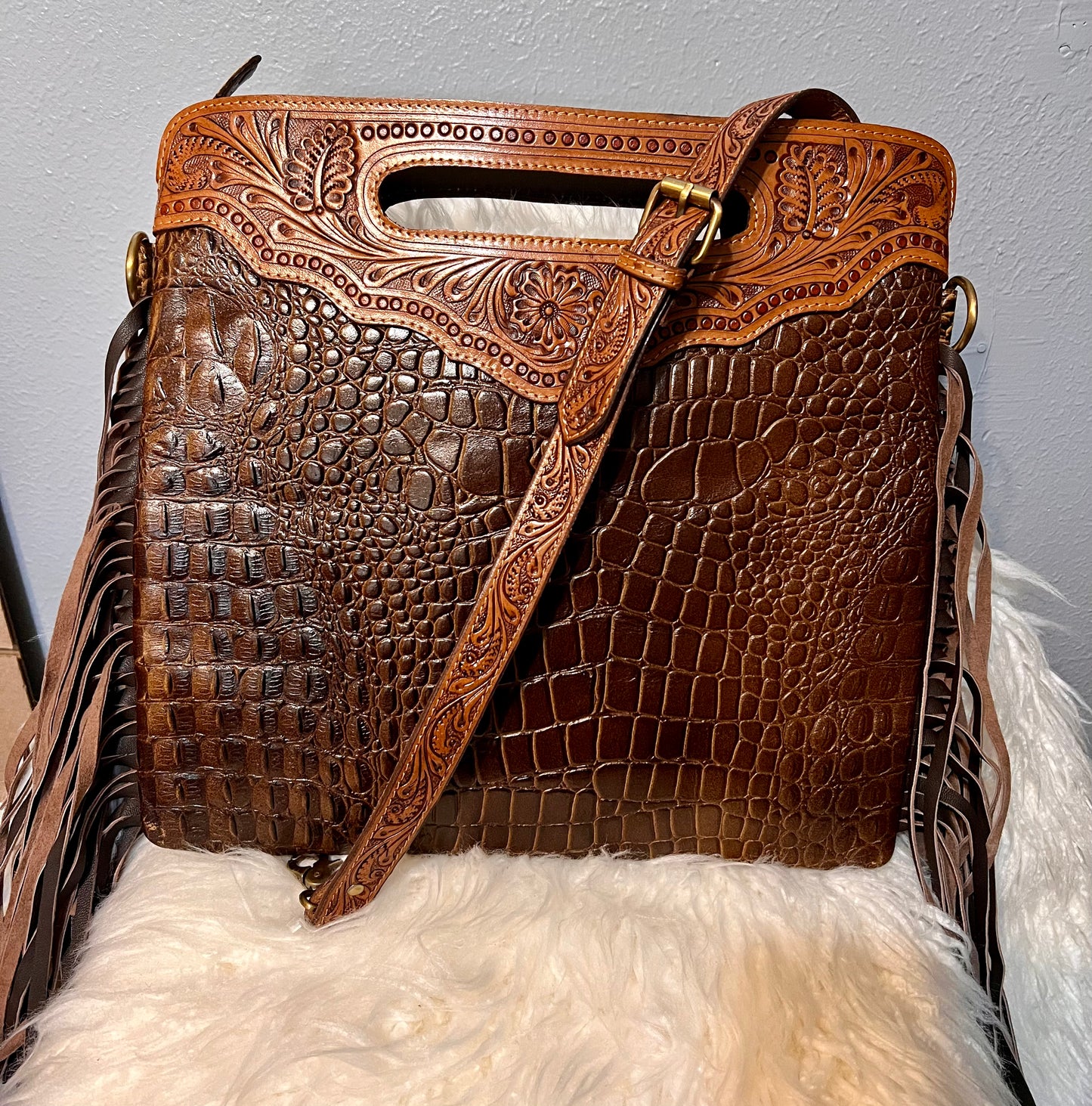 Leather Crossbody/Clutch Croc Embossed with Fringe