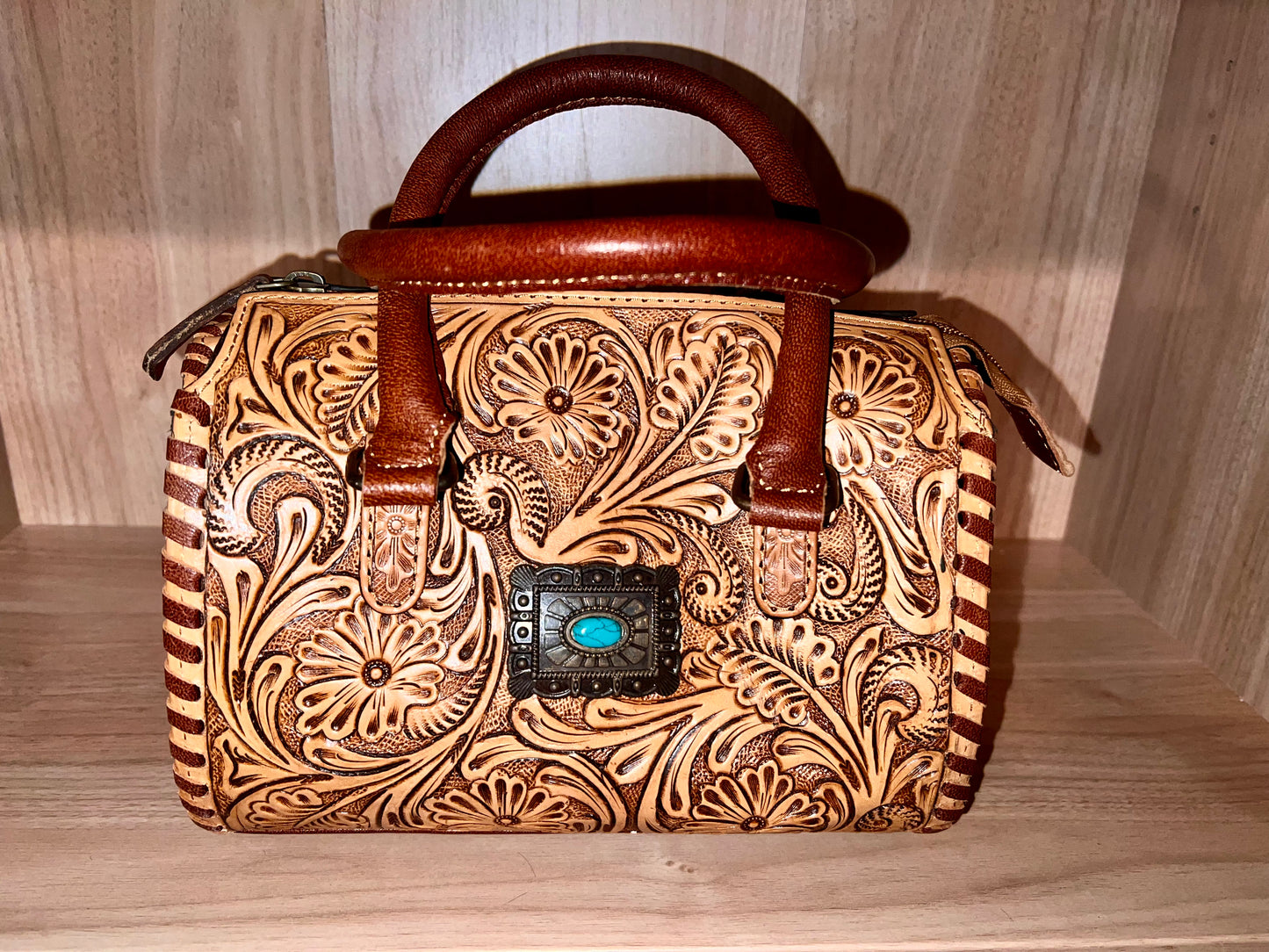 TAN CONCHO TOOLED LEATHER SPEEDY BAG SMALL