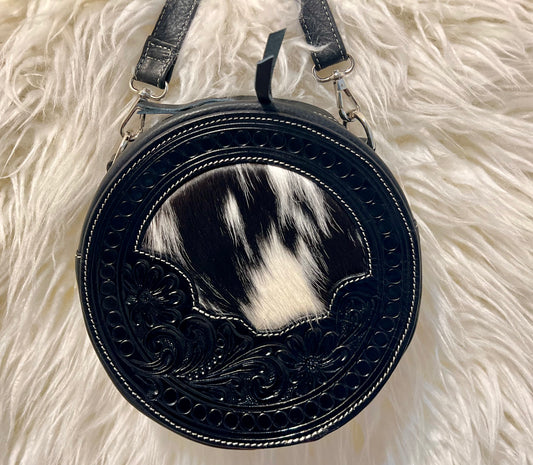 Black Leather Canteen Crossbody Handbag Tooled with Cowhide-1
