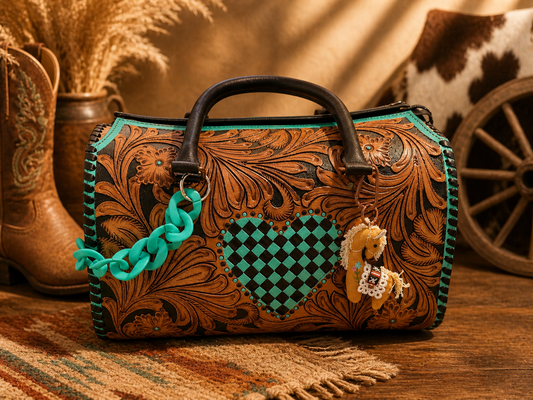 Tooled Leather Turquoise Black Checkered Heart Speedy Bag