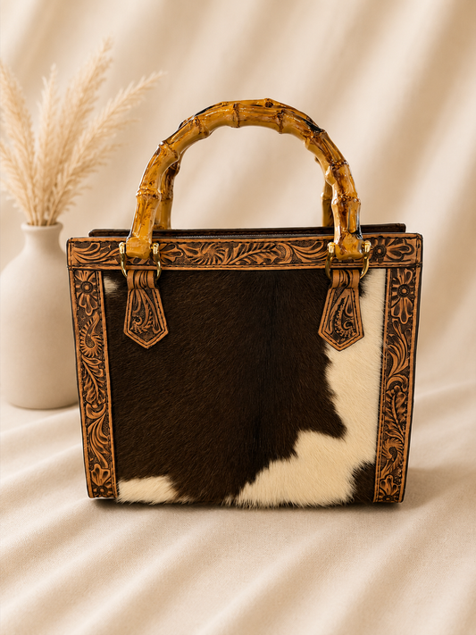 The Bamboo Belle Cowhide Tote with Leather Crossbody Strap: Bag B