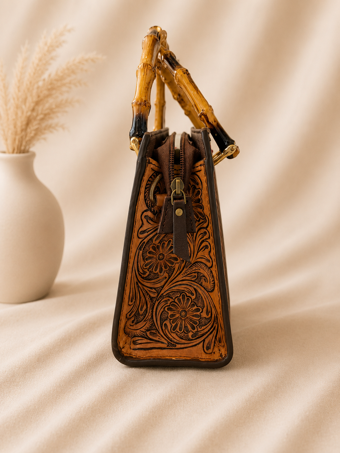 The Bamboo Belle Cowhide Tote with Leather Crossbody Strap: Bag A