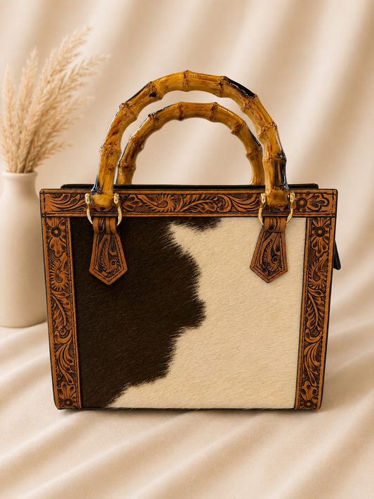 The Bamboo Belle Cowhide Tote with Leather Crossbody Strap: Bag A