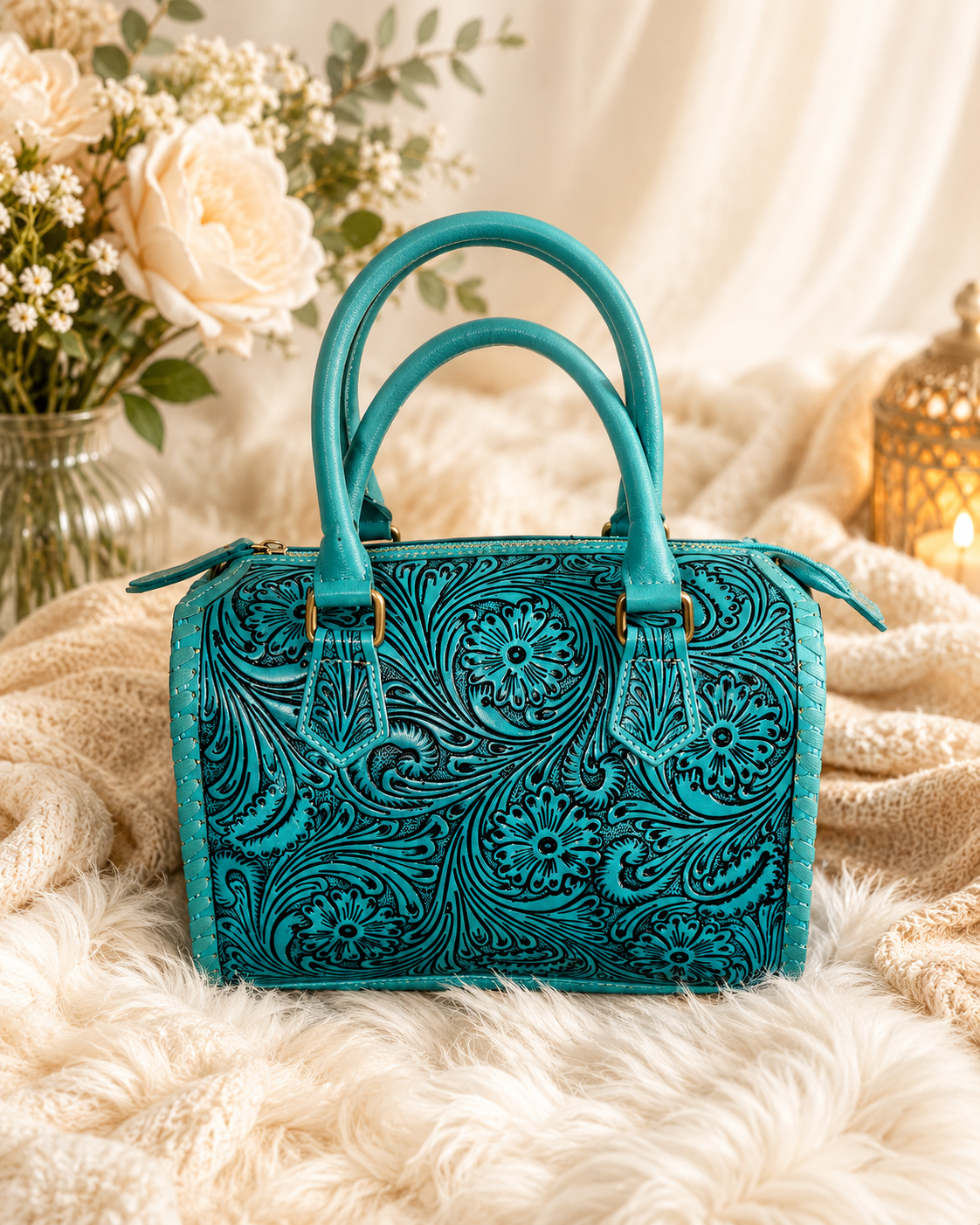 Serenity Turquoise Tooled Leather Speedy Purse
