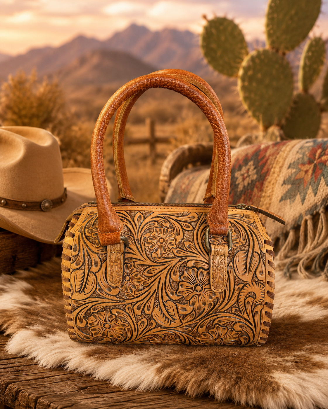 Brown Speedy Western Genuine Leather Barrel Bag Purse: Small