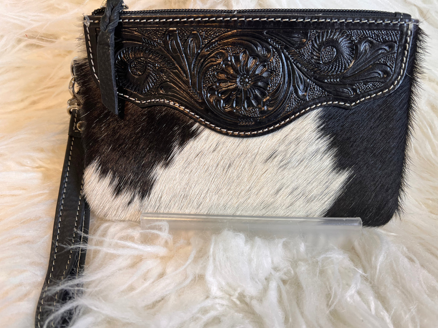 Tooled Leather with Cowhide Wristlet-Black