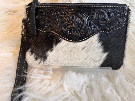 Tooled Leather with Cowhide Wristlet-Black