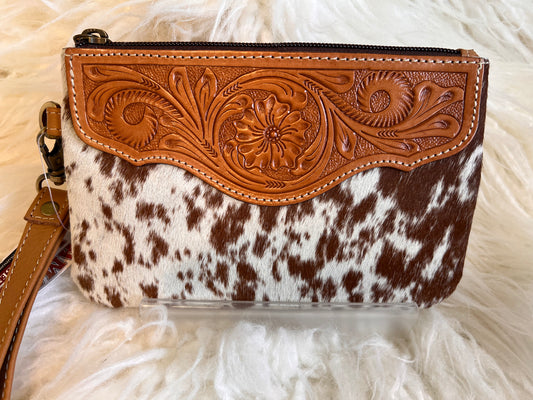 Tooled Leather with Cowhide Wristlet-Light Brown