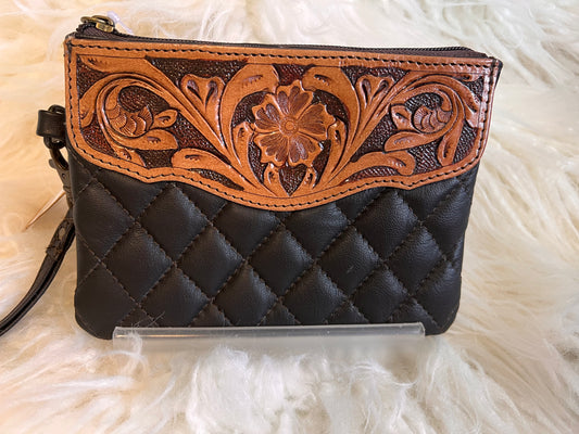 Tooled Leather Floral Wristlet Pouch  : Dark Brown