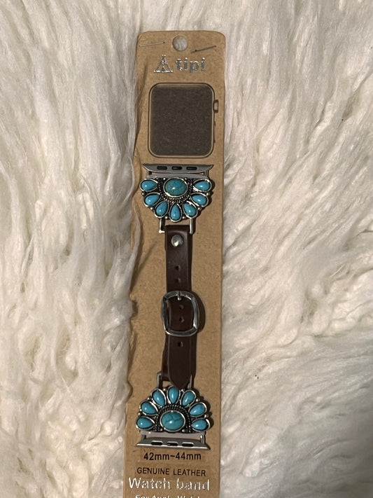 Turquoise Half Concho Apple Watch Band - Brown strap