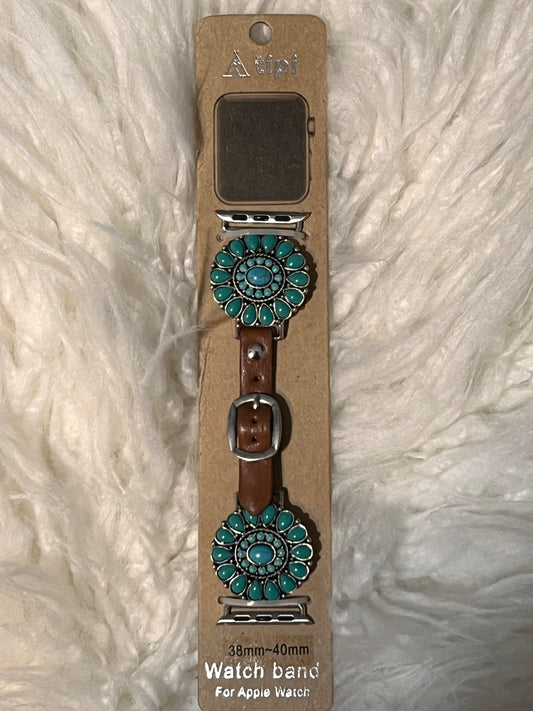 Round Turquoise Concho Apple Watch Band - Brown strap