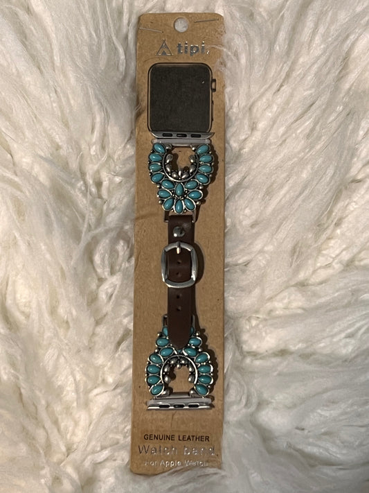 Turquoise Squash Blossom Apple Watch Band - Brown strap