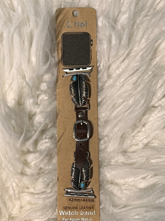 Silver Feather with Small Turquoise Stone Apple Watch Band - Brown strap
