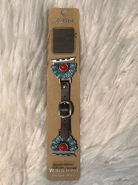 Turquoise with Red Stone Half Concho Apple Watch Band - Brown strap