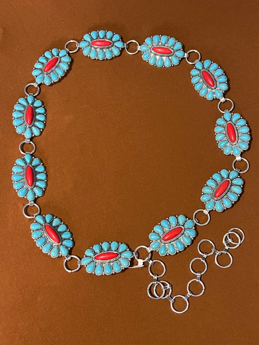 Large Turquoise Concho with Red Stone Metal Belt