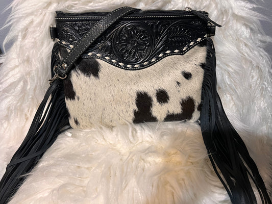Cowhide Crossbody with Fringe - Black Leather 1