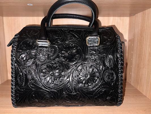 BLACK FLORAL TOOLED LEATHER SPEEDY DUFFLE BAG MEDIUM