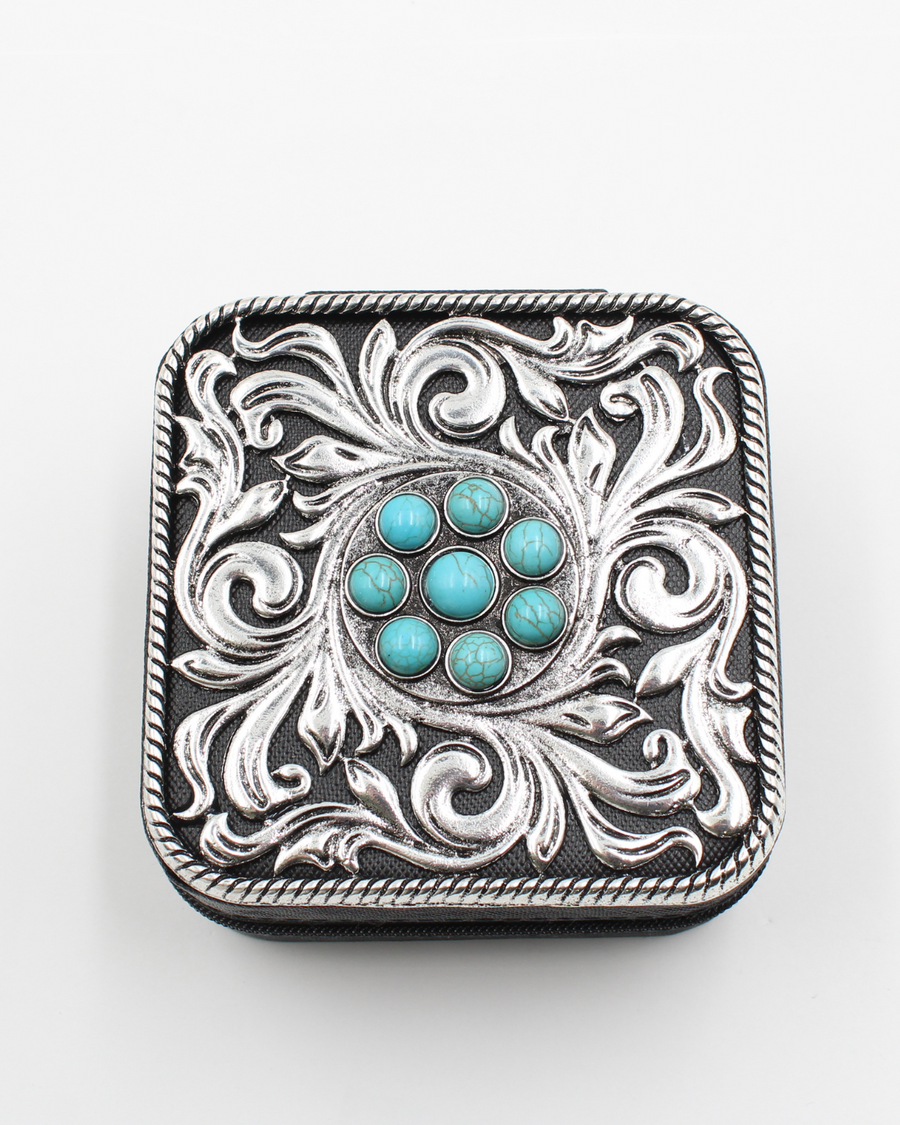 Travel Jewelry Box - Metal Silver with Turquoise Stones - Black