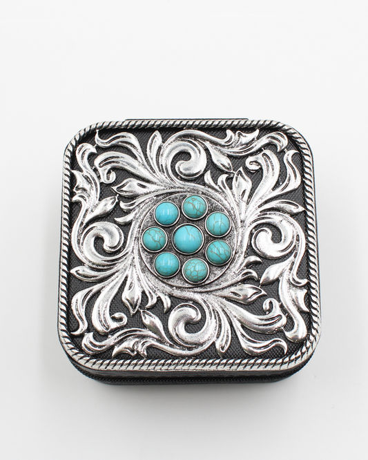 Travel Jewelry Box - Metal Silver with Turquoise Stones - Black