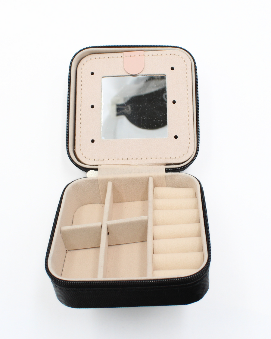 Travel Jewelry Box - Metal Silver with Turquoise Stones - Black