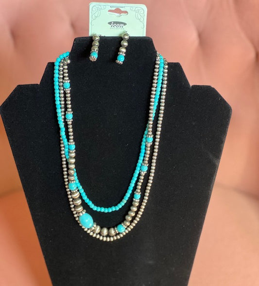 Layered Fashion Navajo and Turquoise Necklace with matching Earrings