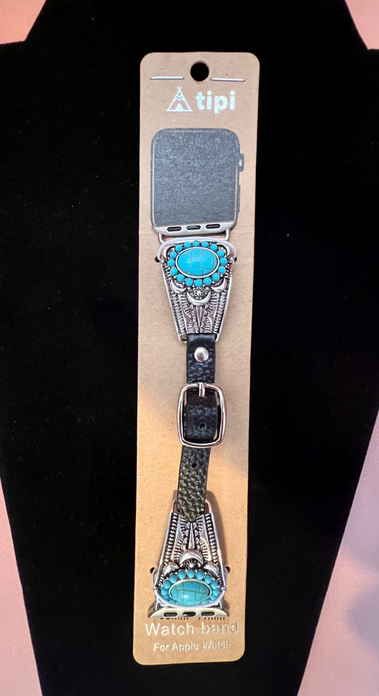 Silver and Turquoise Concho Apple Watch Band - Blk band