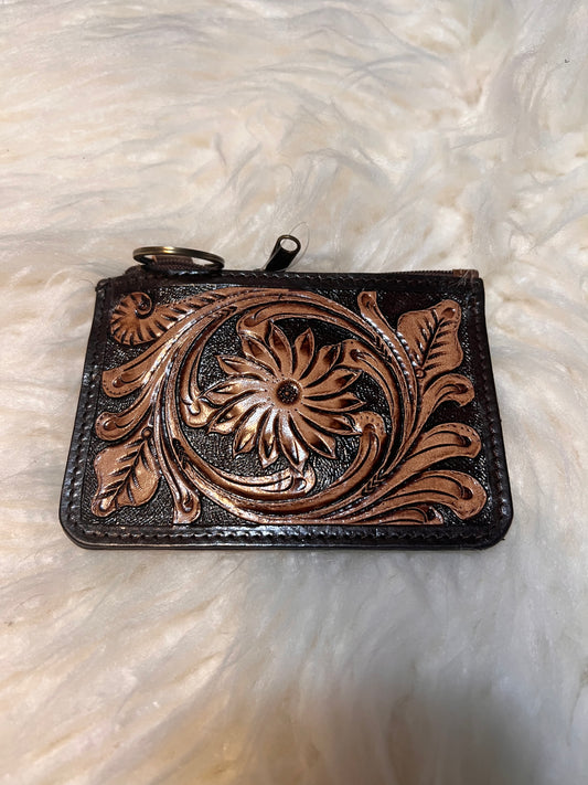 Leather Card Wallet with Key Ring - Brown Flower