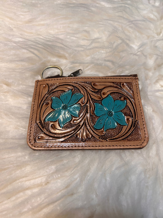 Leather Card Wallet with Key Ring - Turquoise Flower
