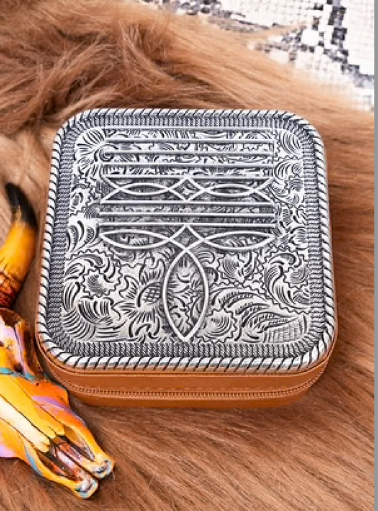 Travel Jewelry Box - Metal Boot Stitch Brown