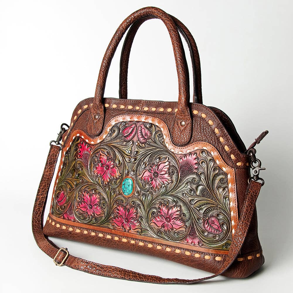 LC-ADBGZ478 Tooled Leather Western Tote Bag - Floral Carving with Turquoise Accent & Dual Handles: ADBGZ478