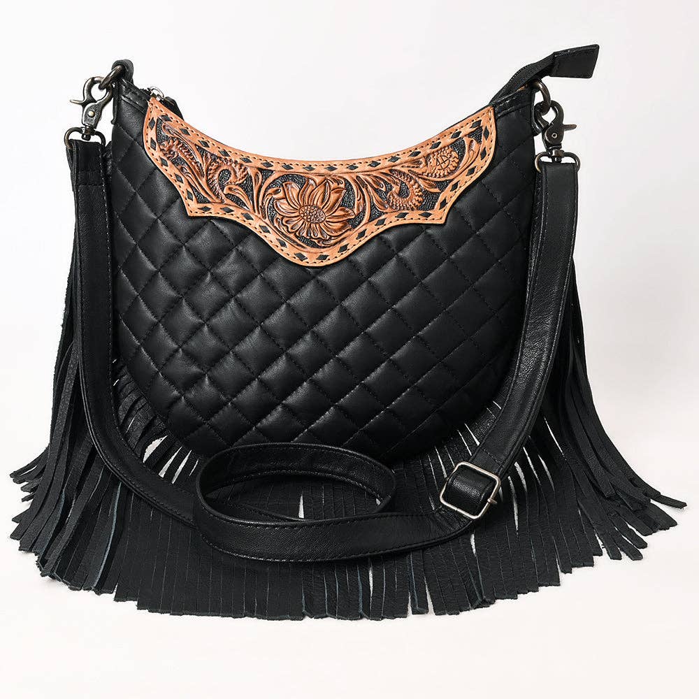 ADBG1686 American Darling Large Quilted Crossbody Hobo | Hand-Tooled Yoke Fringe Bag: ADBG1686