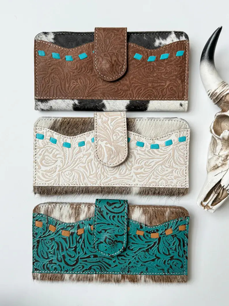 Western Floral Leather Tooled Wallet: Cream Leather