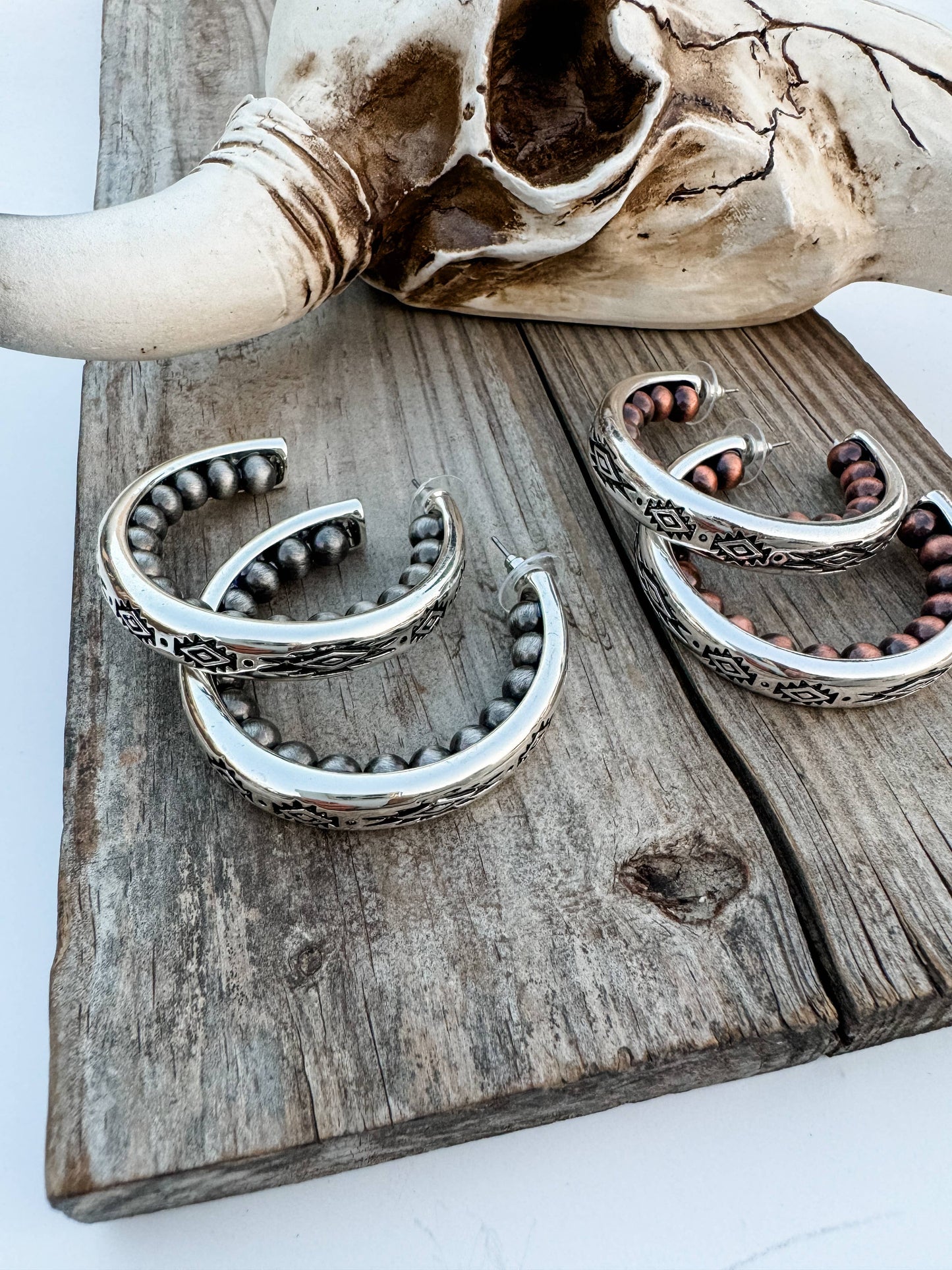 Western Navajo Style Pearl with Aztec Pattern Hoop Earrings: Silver