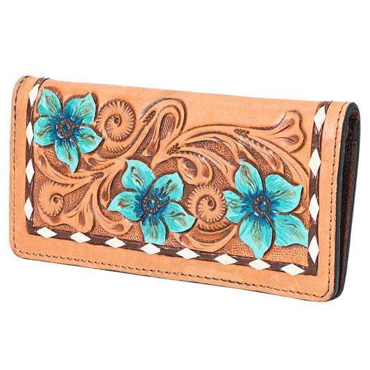 KBG198 Wallet Genuine Leather Tooled with Turquoise Flowers
