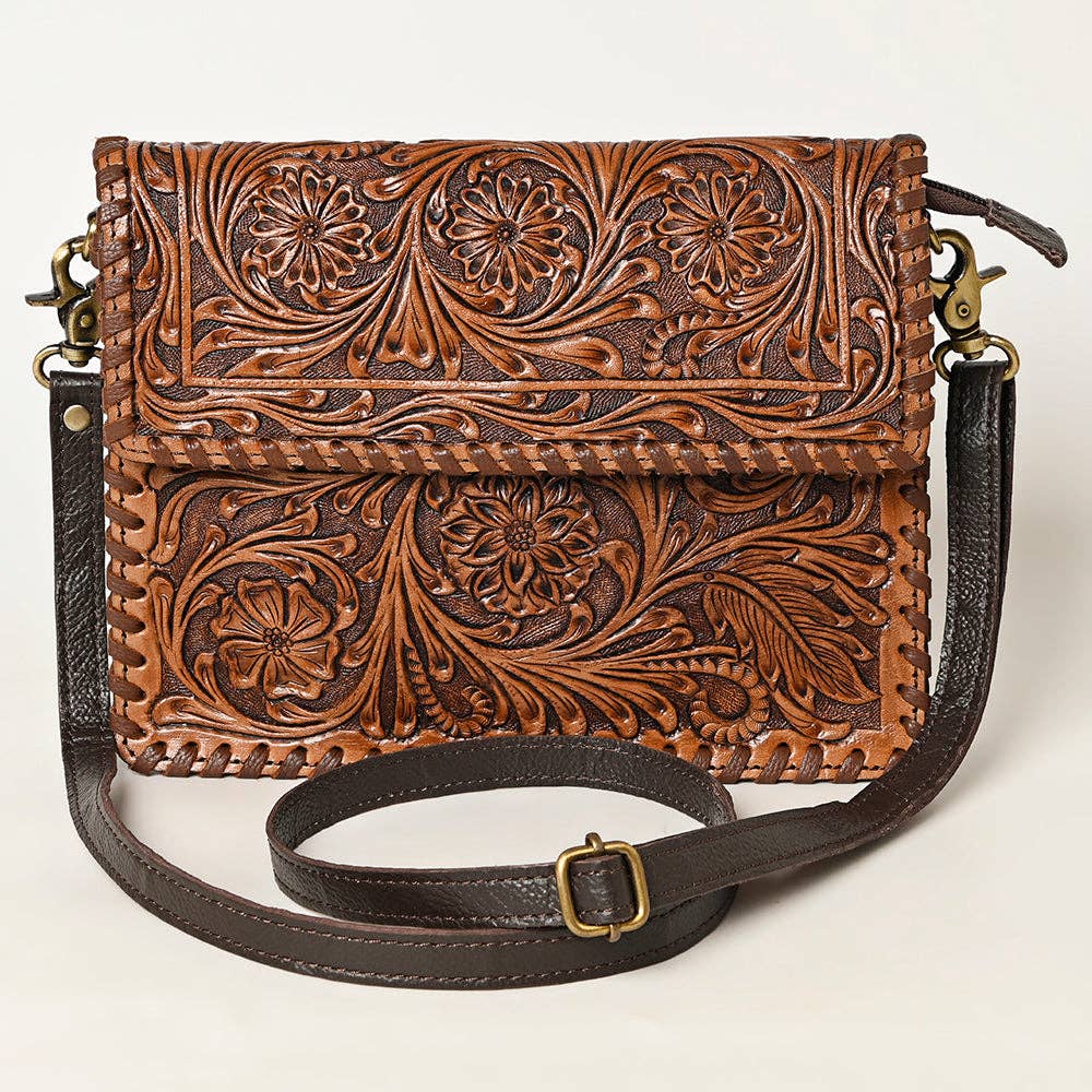 The Western Whirl-Genuine Leather Tooled Handbag: OHA119